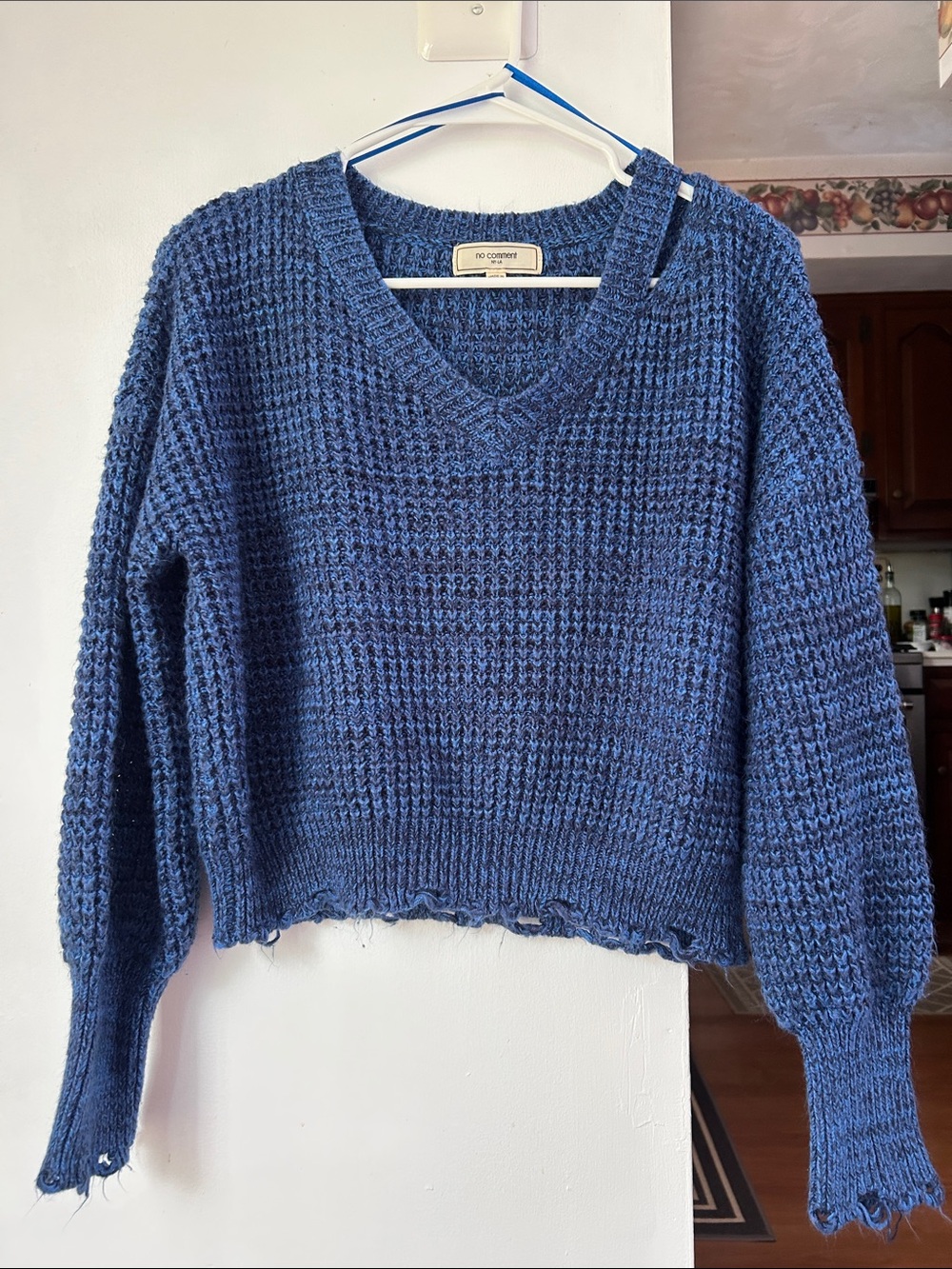 no comment || V-Neck Chunky Knit Sweater - Blue